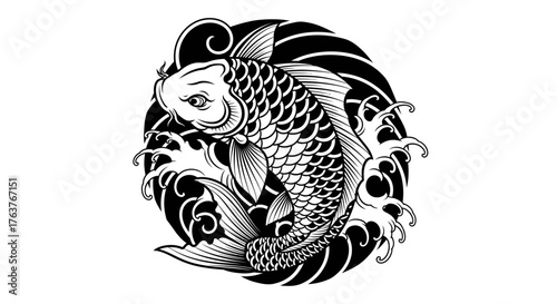 Monochrome elegance depicts a koi fish swimming through stylized waves in circular formation