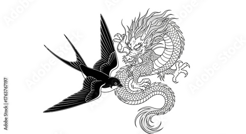 Contrasting symbols a detailed depiction of swallow and dragon in linework showcases Eastern