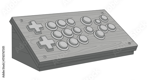 Vector art of a wooden arcade stick with multiple buttons and directional inputs