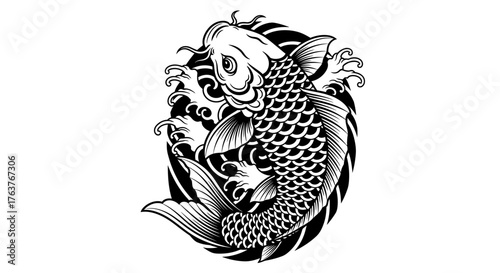 Stylized koi fish illustration in black and white for artistic design projects