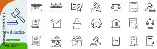 Law & Justice Icon Set – Symbols of Legal Systems, Judicial Processes, and Courtroom Elements