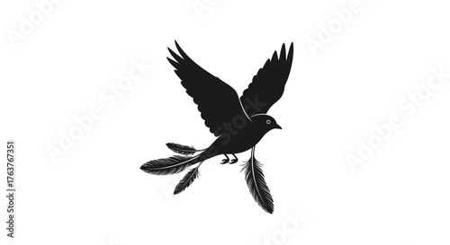 Black bird in flight carrying feathers in monochrome artistic representation isolated in white