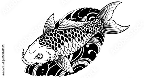 Monochrome elegance, a japanese koi carp sketch in flowing, artistic arrangement