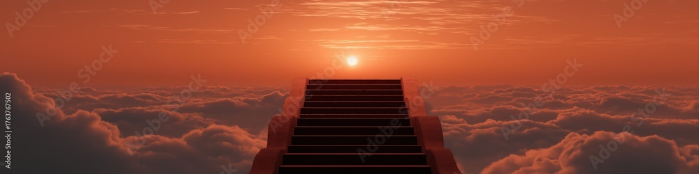 Fototapeta premium Stairway above clouds leading to breathtaking orange sunset horizon
