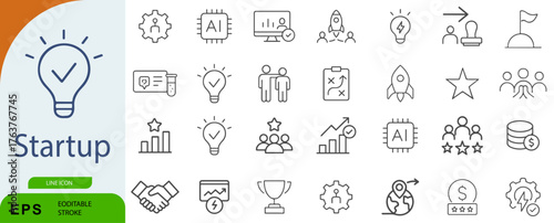 Startup Icon Set – Symbols of Innovation, Business Growth, and Entrepreneurial Strategy