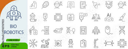 Bio-Robotics Icon Set – Symbols of Neural Interfaces, Prosthetics, and AI-Driven Biotechnology