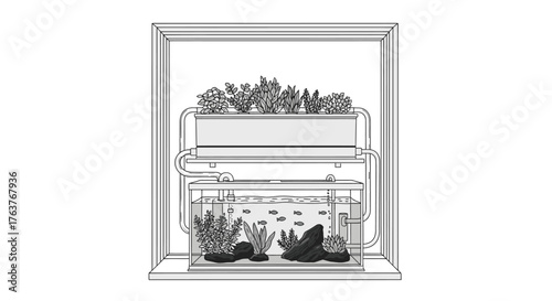 Vector art of aquaponics system with fish tank and plant bed