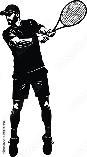 Dynamic silhouette of a tennis player executing a powerful forehand swing