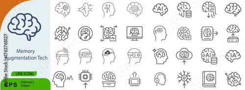 Memory Augmentation Tech Icon Set – Symbols of Cognitive Enhancement, Neural Interfaces, and Brain-Computer Integration