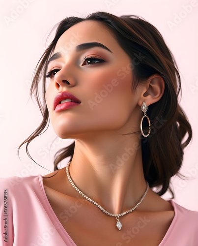 4K photographic portrait, exotic woman in soft pink and beige, diamond tennis bracelet around her neck, pristine white background, surreal infrared tones, gentle soft light, hyperrealistic detail.