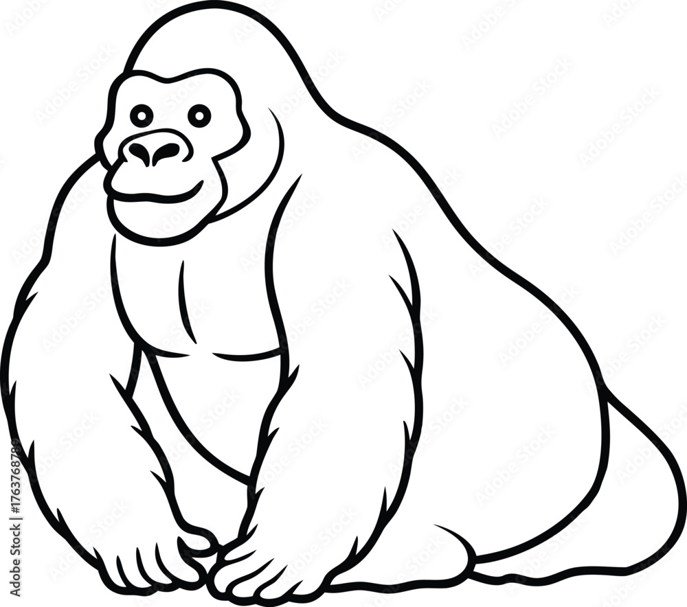 Obraz premium Simple outline drawing of a seated gorilla with a friendly expression