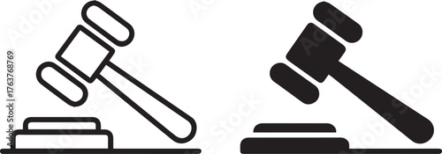Black and White Icons of Judges Gavel and Stand Representing Law and Order