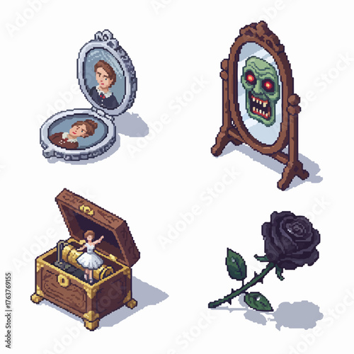 Charming pixel art of haunted objects perfect for spooky game design