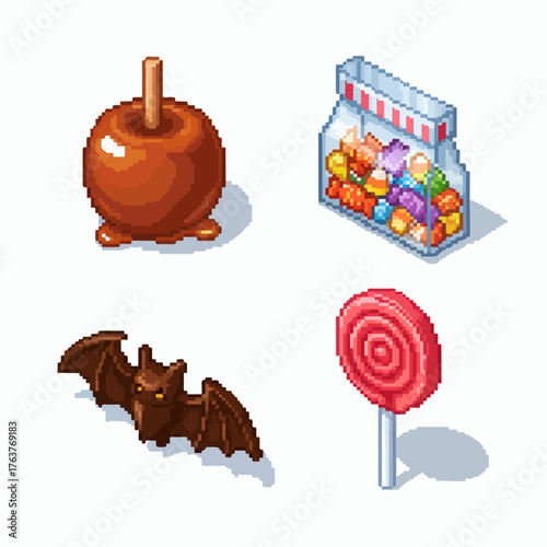 Halloween pixel art treats: candy apple, candies, bat, lollipop for fun