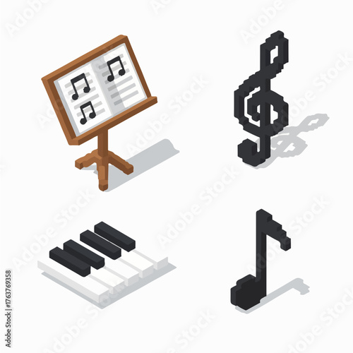 Isometric music notes and piano keys create a modern musical arrangement