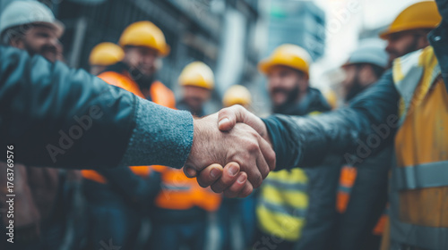 Handshake between builders at construction site symbolizes teamwork and project collaboration