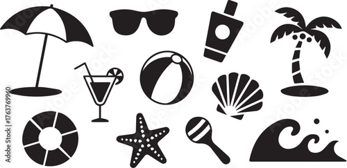 Black and White Summer Beach Icons Palm Tree, Umbrella, and Beach Ball