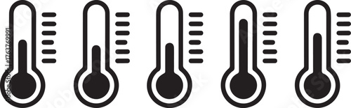 Black and White Thermometer Icons Showing Different Temperatures, Featuring Measurement Scale and Rounded Bulb