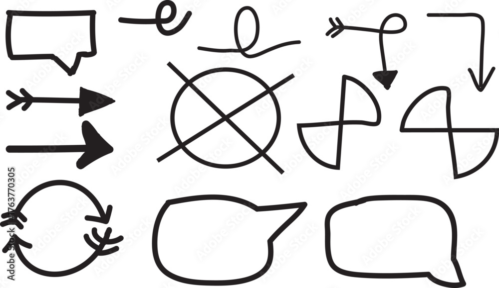 Fototapeta premium Hand Drawn Scribble Arrows and Speech Bubbles — Doodle Elements Set for Design and Presentation