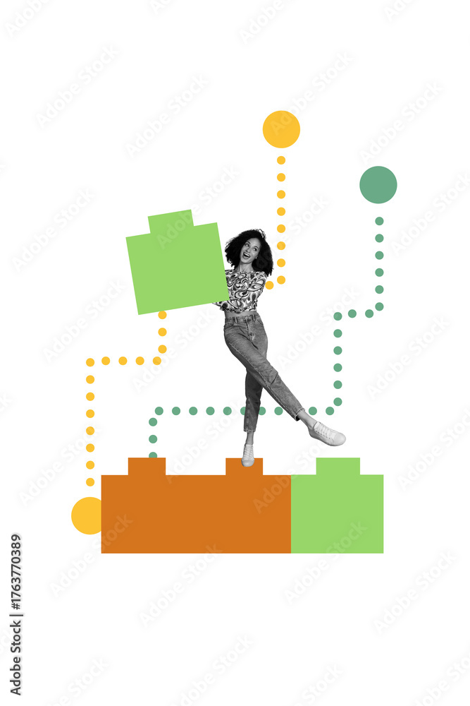 Obraz premium Template sketch trend artwork 3D photo collage of puzzle young woman stand hold block build vacancy worker business hr recruitment