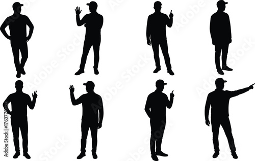 Silhouette collection of man in cap with various gestures and poses, standing and pointing figure design isolated on white background