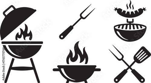 Black Silhouette Barbecue Grills, Tools and Food Icon Set for Outdoor Cooking and Grilling