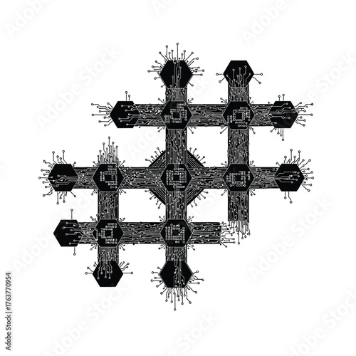 Vector art of abstract hashtag symbol composed of circuit board elements, representing technology, connection, and social media networks