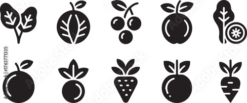 Black Silhouette Icons of Various Fruits, Vegetables, and Greens on a White Background