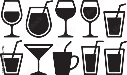Black Silhouette Illustration of Various Cocktail and Wine Glasses with Straws on White