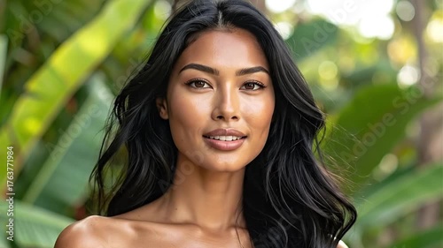 Radiant Woman in Lush Tropical Paradise - Smiling, Natural Beauty.