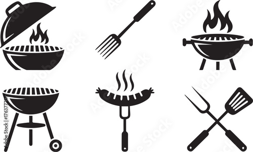 Black Silhouette Set of Grill Equipment with Sausage, Spatula, and Fork Icons