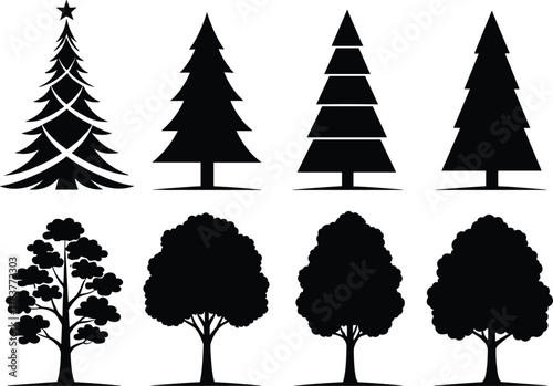 Set of pine and deciduous tree silhouettes, black forest vector icons, nature landscape illustration elements, evergreen and leafy tree collection