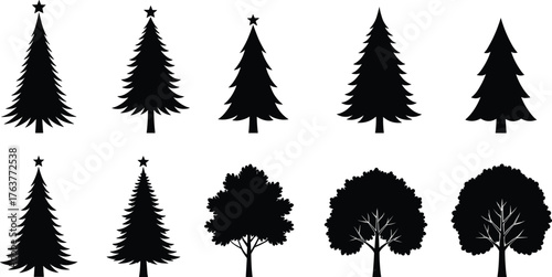 Set of pine and deciduous tree silhouettes, black Christmas tree icons with stars, nature vector illustration for design and decoration