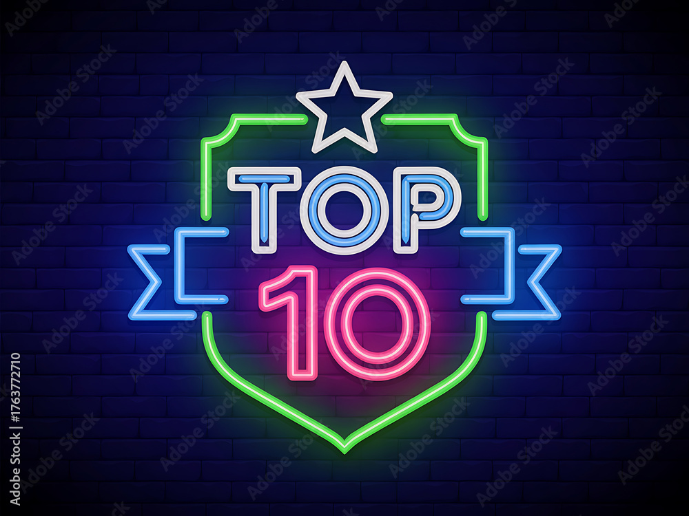 Fototapeta premium Bright neon top 10 emblem with star and ribbon against dark background