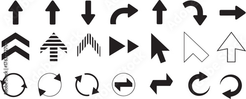 Collection of Black and White Arrow Icon Illustrations Pointing Up, Down, Left, Right, and Circular