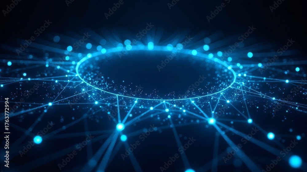 Fototapeta premium Futuristic Digital Network Circles with Glowing Blue Light Particles in Dark Background