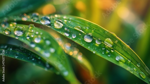 Close-up of dew drops on green leaves with soft morning sunlight, macro photography, fresh and vibrant.