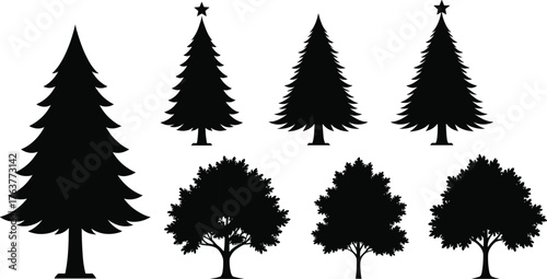 Set of pine and oak tree silhouettes, evergreen and deciduous forest vector collection, black nature illustration for design and decoration