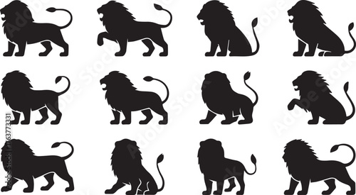Collection of Lion Silhouettes Standing, Sitting, and Walking Poses in Black and White