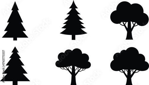 Black tree silhouette vector set, pine and deciduous tree icons collection, minimalist forest shapes for nature design, logo, and illustration