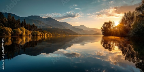 Sunrise over a calm lake reflecting mountains and trees, mirror-like water, peaceful mood.