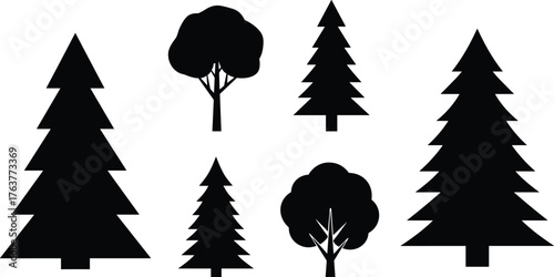 Black tree silhouette collection, pine and deciduous tree icons vector set, minimalist forest shapes for logo, nature design, and illustration