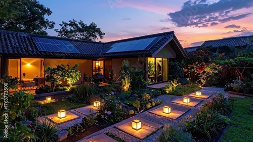 Serene Japanese Garden Pathway Illuminated by Lanterns at Dusk, Tranquil Evening Ambiance.