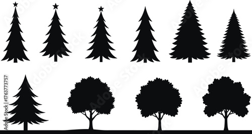 Black silhouette tree collection, pine and deciduous tree vector set, forest and nature design elements for illustration and decoration