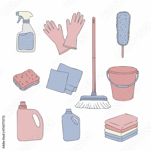 Housekeeping vector set with mop, gloves, detergent, and sponge — perfect for cleaning services, hygiene, and household design.