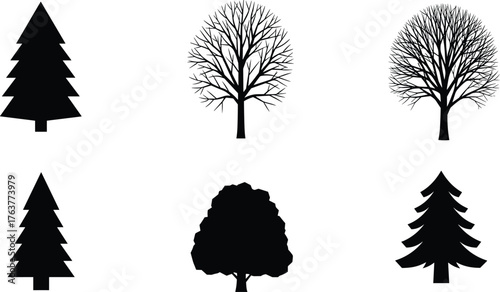 Set of six black tree silhouettes, pine and deciduous trees, bare winter trees, nature vector shapes, forest design elements