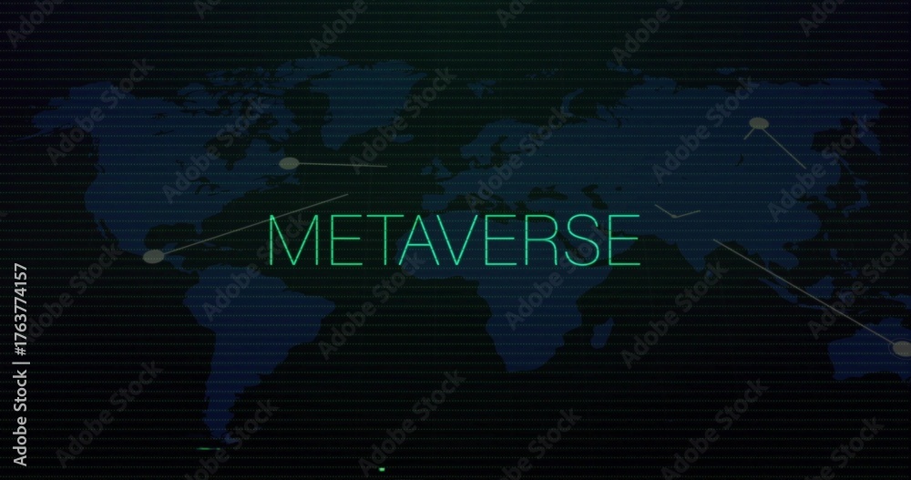 Obraz premium Displaying neon green METAVERSE text on dark blue world map, linking nodes with glowing data lines