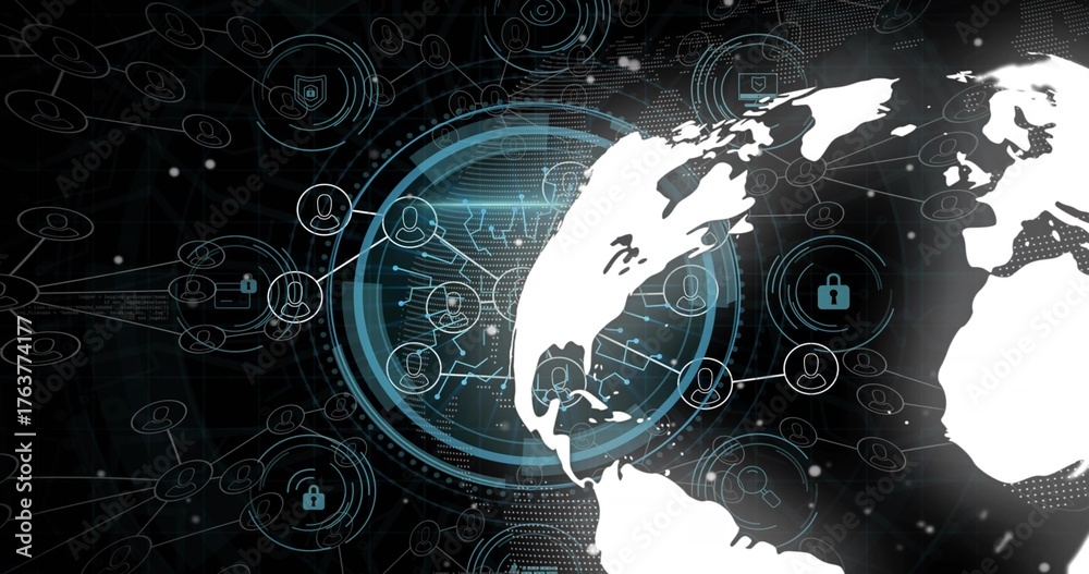 Fototapeta premium Showing white Earth silhouette with connecting lines in interface, with padlock icons, copy space