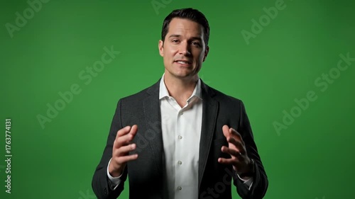Professional Businessman in Formal Suit Gesturing Thoughtfully with Hands Open Against Green Screen Background for Corporate, Presentation, or Promotional Use