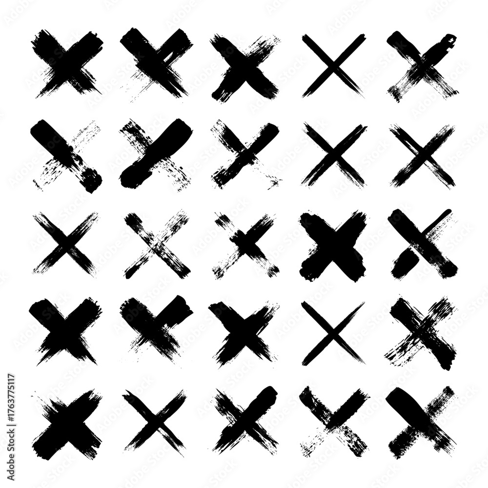 Obraz premium Grunge crosses, brush strokes, x mark, lines, ink smudges, hand-drawn scribble shapes. Handmade sketchy marks, acrylic stains, charcoal streaks. Paint textures, dry brush effect. Vector illustration